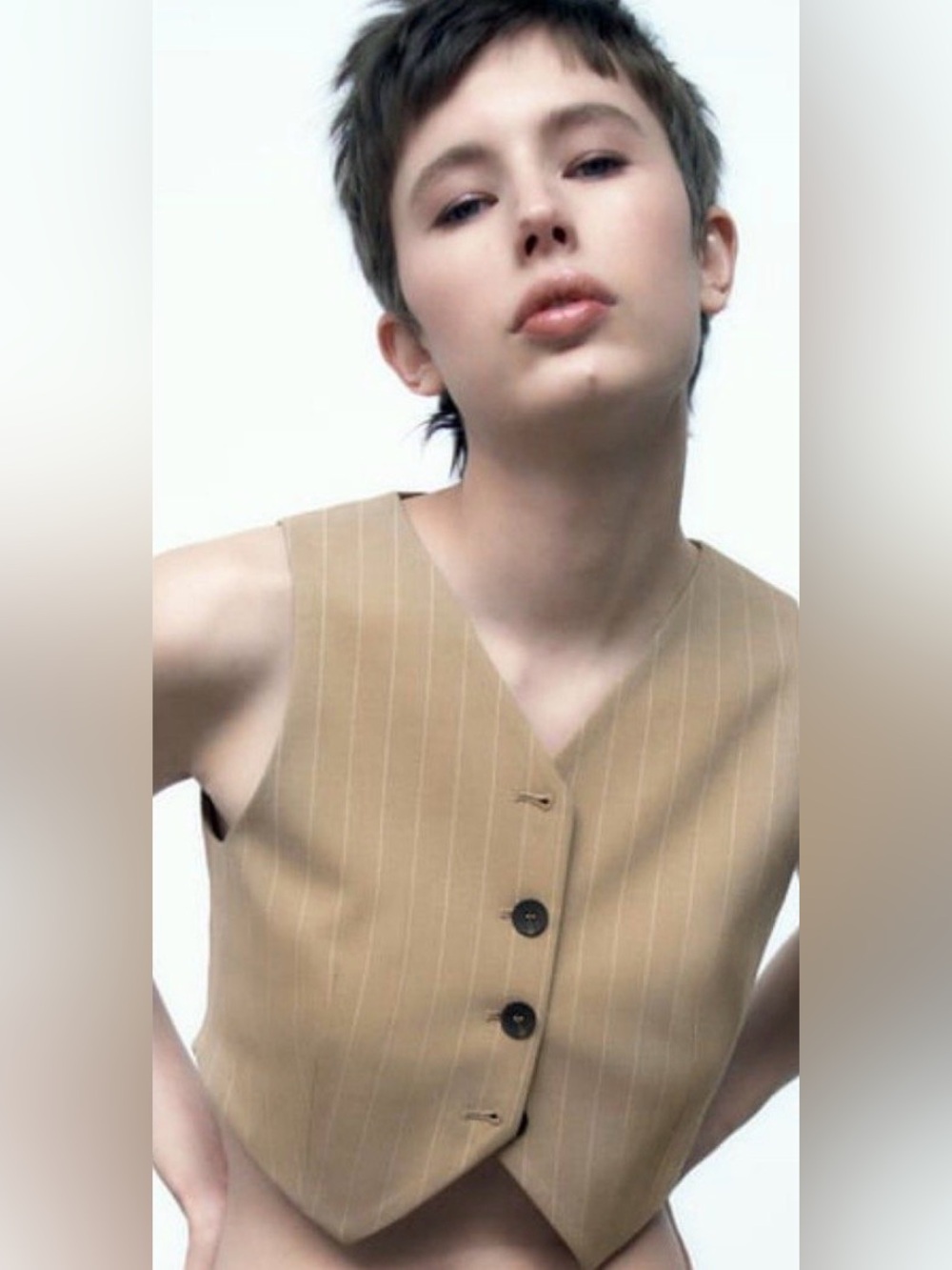 Zara Sz XS Tan Pin Striped Short Minimalist Vest